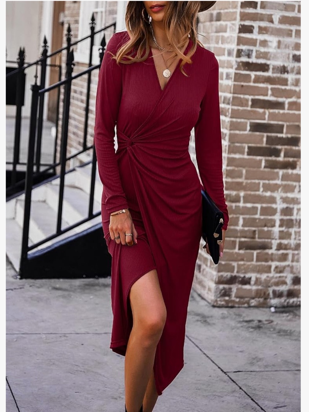 Shibever Women’s long sleeve dress: midi, V neck, twist waist, ribbed knit